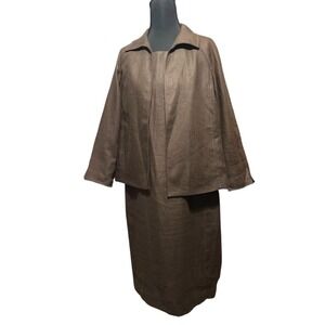 Talbots Petite Linen Suit Women Dress Jacket & Sleeveless Dress Brown Size 12P M